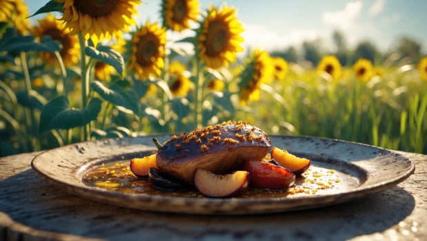 Gourmet dish featuring succulent meat with fresh fruits, set against a vibrant sunflower field backdrop photo