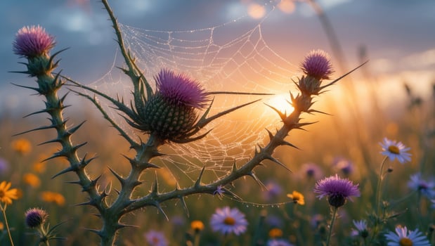 A close-up view of thistle flowers adorned with dew-covered spider webs at sunset in a vibrant meadow photo