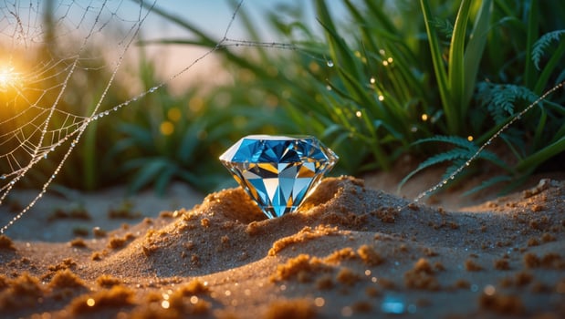 Sparkling blue diamond resting on sandy ground surrounded by lush green grass at sunset photo