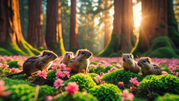 A group of small rodents exploring a vibrant forest floor covered with flowers and moss at sunset photo