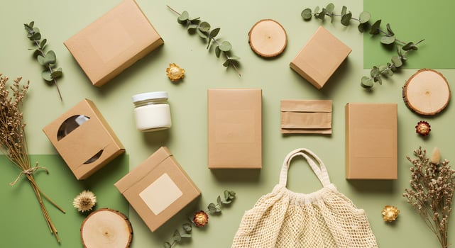 Eco-friendly packaging and natural elements arranged for a sustainable lifestyle concept with recyclable materials and organic decor photo