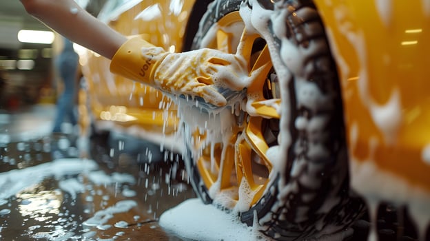 A person washing a yellow car tire with a sponge photo