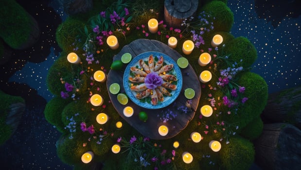 A beautifully arranged platter of sushi surrounded by candles and flowers in a serene outdoor setting photo