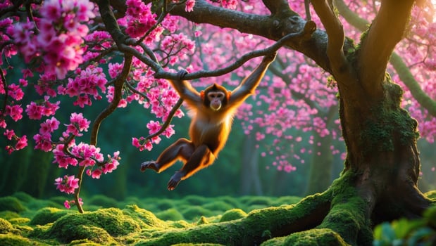 Playful monkey swinging from a cherry blossom tree in a serene forest, vibrant flowers in bloom photo
