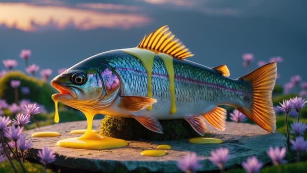 Vibrant fish with yellow sauce resting on a stone surrounded by blooming flowers at sunset photo