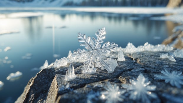 Crystal snowflakes glistening on a rocky shore by a serene lake surrounded by snowy trees photo