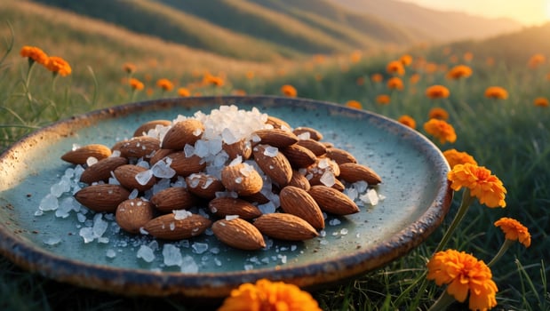 A serene sunset scene featuring a plate of salted almonds surrounded by vibrant flowers in a meadow photo
