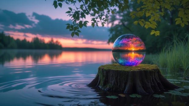 Colorful glass orb reflecting a vibrant sunset over a serene lake, surrounded by lush greenery photo