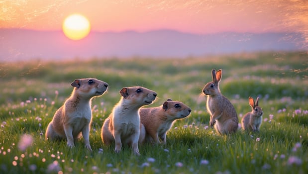 Group of cute rabbits and guinea pigs gathered in a vibrant meadow during sunset, enjoying nature photo