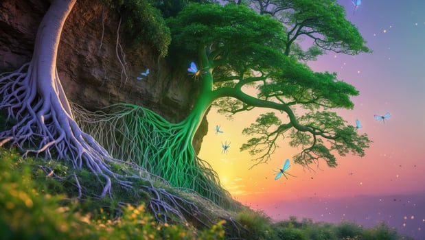 Enchanted trees with vibrant roots at sunset, surrounded by fluttering butterflies in a serene landscape photo