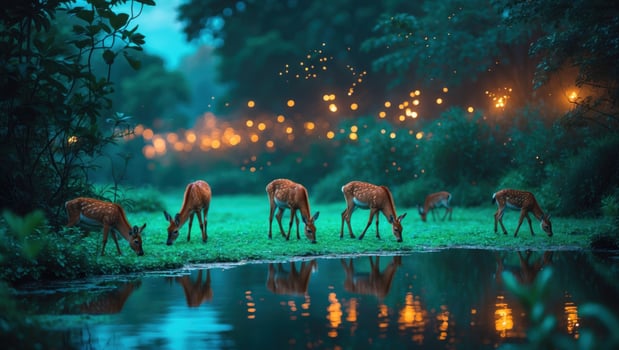 A serene scene of deer grazing by a tranquil river at twilight, surrounded by glowing fireflies photo