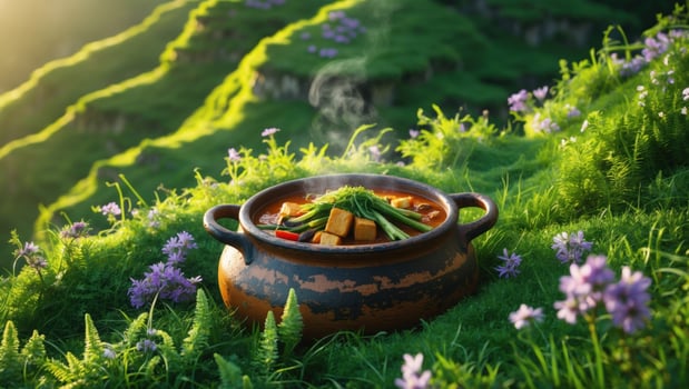 A steaming pot of vegetable stew sits on lush green grass surrounded by colorful flowers in nature photo