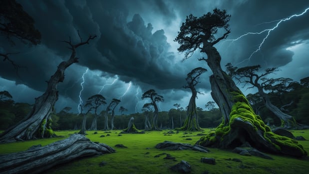 Dramatic stormy landscape with twisted trees, illuminated by lightning under dark clouds photo