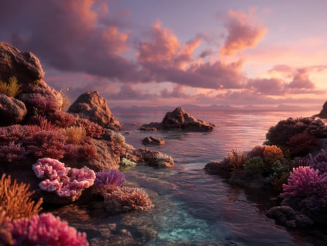 Vibrant Coral Reef Landscape Under Soft Twilight Sky with Colorful Coral and Calm Water Reflections photo