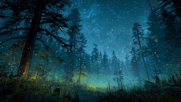 Enchanted Forest at Night with Glowing Fireflies Under a Starry Sky Surrounded by Tall Trees and Lush Greenery photo