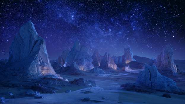 Majestic Night Sky Over Unique Rock Formations in a Desert Landscape Illuminated by Distant Stars and Nebula photo