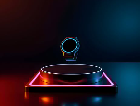 A neon light on a table with a watch photo