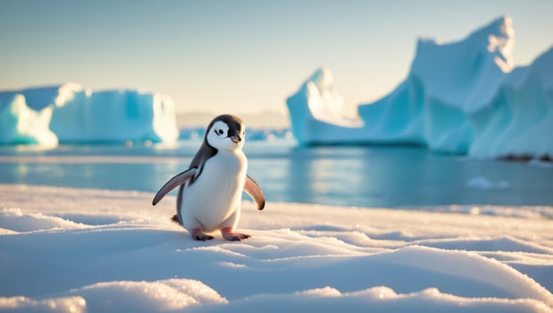 A solitary penguin stands on the icy shore, with towering icebergs and a serene ocean backdrop photo