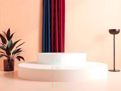 A white podium with a red curtain and a plant photo