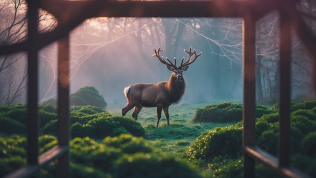 Majestic stag standing in a misty forest clearing, framed by wooden structures, serene atmosphere photo