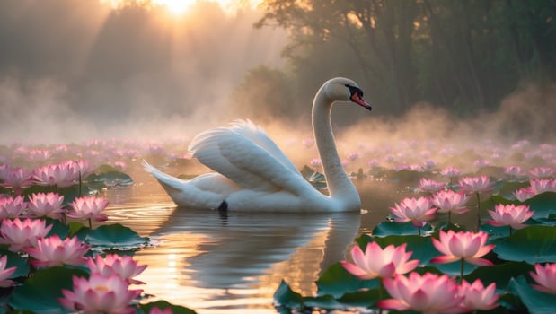 Elegant swan gracefully swimming among blooming lotus flowers at sunrise in a serene lake photo