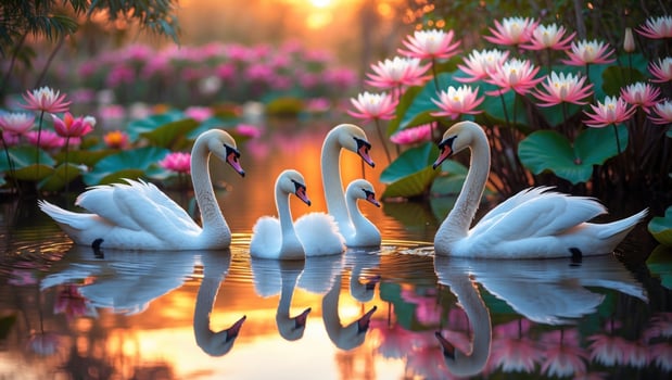 Serene family of swans gliding on a tranquil lake surrounded by blooming lotus flowers at sunset photo