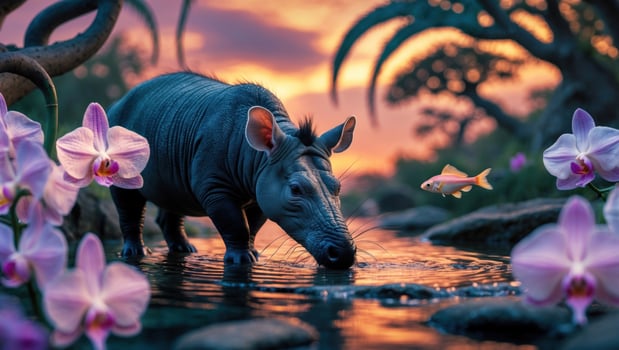 A tapir wades through a tranquil pond surrounded by vibrant orchids at sunset, creating a serene atmosphere photo