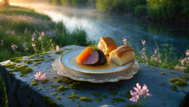 A beautifully arranged plate of gourmet food featuring meat and vegetables beside a tranquil river at dawn photo