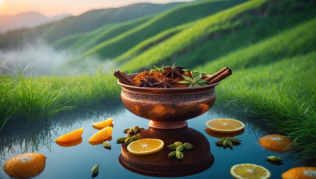 Aromatic spices and citrus fruits arranged in a bowl on a reflective surface amidst lush green hills photo