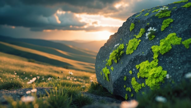 Vibrant green lichen-covered rock in a serene landscape at sunset, highlighting nature's beauty photo