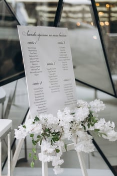 Wedding seating chart with floral decoration and guest list photo