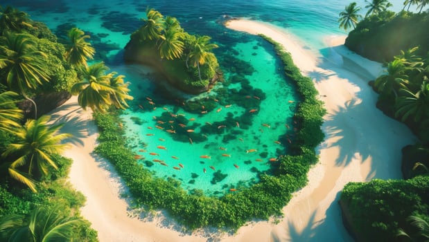 Aerial view of a tropical beach with vibrant turquoise waters, lush palm trees, and colorful fish swimming photo