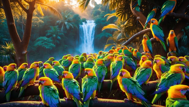 Vibrant flock of colorful parrots perched on branches near a stunning waterfall in a lush jungle photo