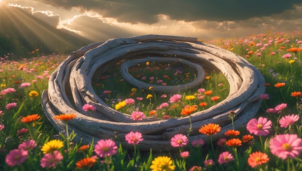 Serene landscape featuring wooden spirals surrounded by vibrant flowers under a dramatic sky photo