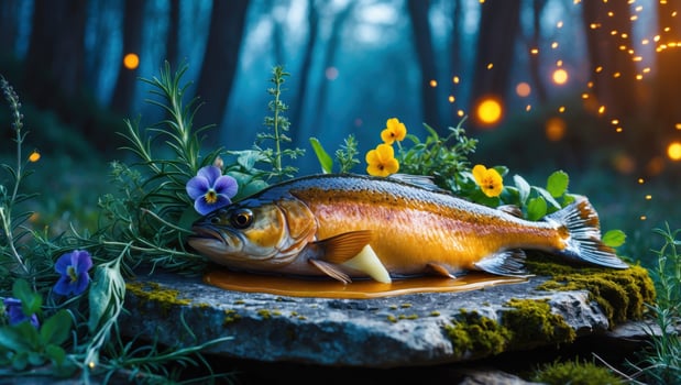 Freshly caught fish displayed on a mossy stone amidst vibrant flowers in a serene forest setting photo