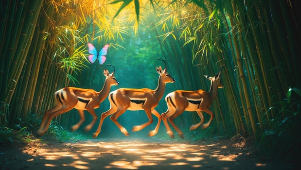 Three graceful deer running through a lush bamboo forest with a butterfly fluttering nearby photo