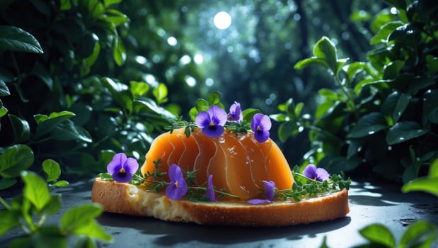 Gourmet salmon dish garnished with vibrant flowers, set in a lush forest with soft light photo