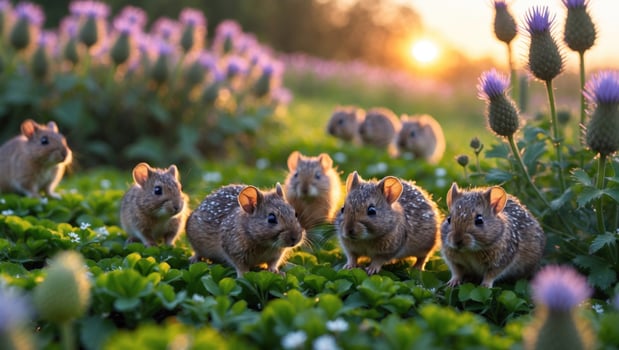 A group of adorable small animals foraging in a lush green meadow filled with vibrant flowers at sunset photo