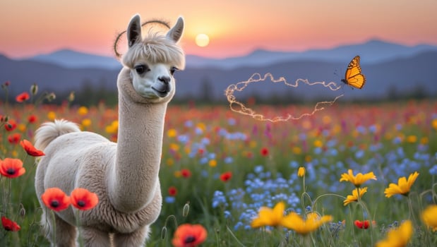 Alpaca in a vibrant flower field at sunset, with a butterfly fluttering nearby, creating a serene scene photo