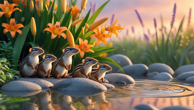 Five chipmunks sitting by a serene pond surrounded by vibrant flowers during sunset photo