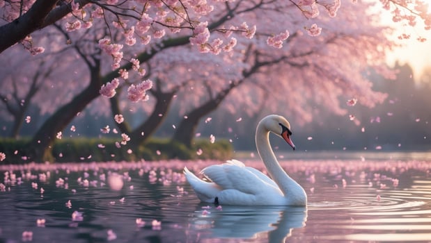 Elegant swan gliding through serene waters surrounded by blooming cherry blossoms at sunset photo