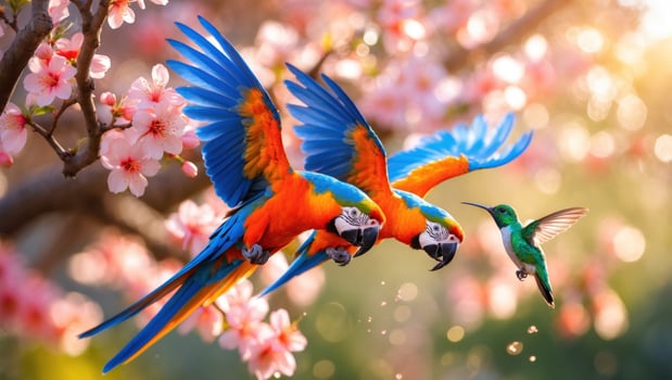 Vibrant macaws and a hummingbird fluttering among cherry blossom branches in a colorful spring setting photo