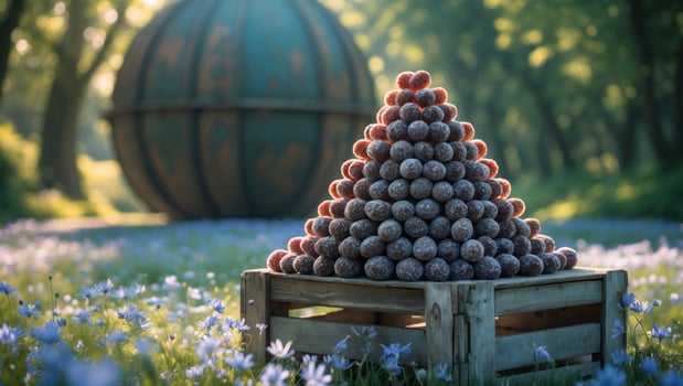 A pyramid of spherical objects rests in a wooden crate amidst vibrant flowers and a globe sculpture photo