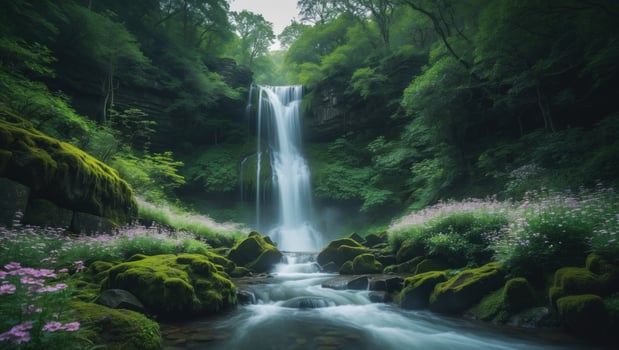 Serene waterfall cascading through lush green forest, surrounded by vibrant flowers and smooth rocks photo