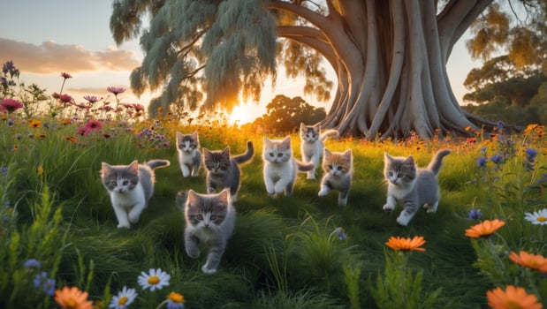 A playful group of kittens running through a vibrant flower-filled meadow at sunset photo