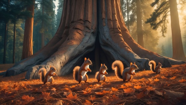 Squirrels gathering acorns at the base of a giant tree in a sunlit forest during autumn photo