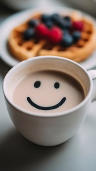 Start Your Day with a Smiley Face in Your Coffee and Waffles. photo