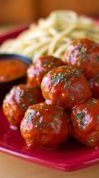 Delicious Meatballs with Pasta and Marinara Sauce, Garnished with Parsley. photo