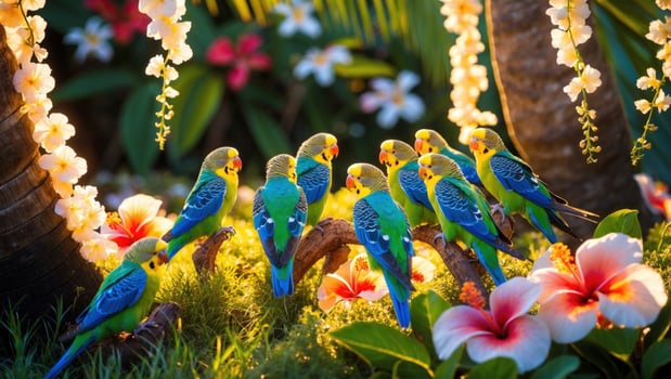 Colorful budgerigars perched amidst vibrant tropical flowers and lush greenery in a serene garden photo