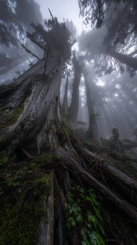 Ancient forest giants bathed in ethereal misty sunlight. photo